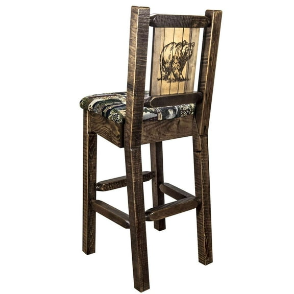 Homestead Collection Counter Height Barstool w/ Back - Woodland Upholstery, w/ Laser Engraved Bear Design