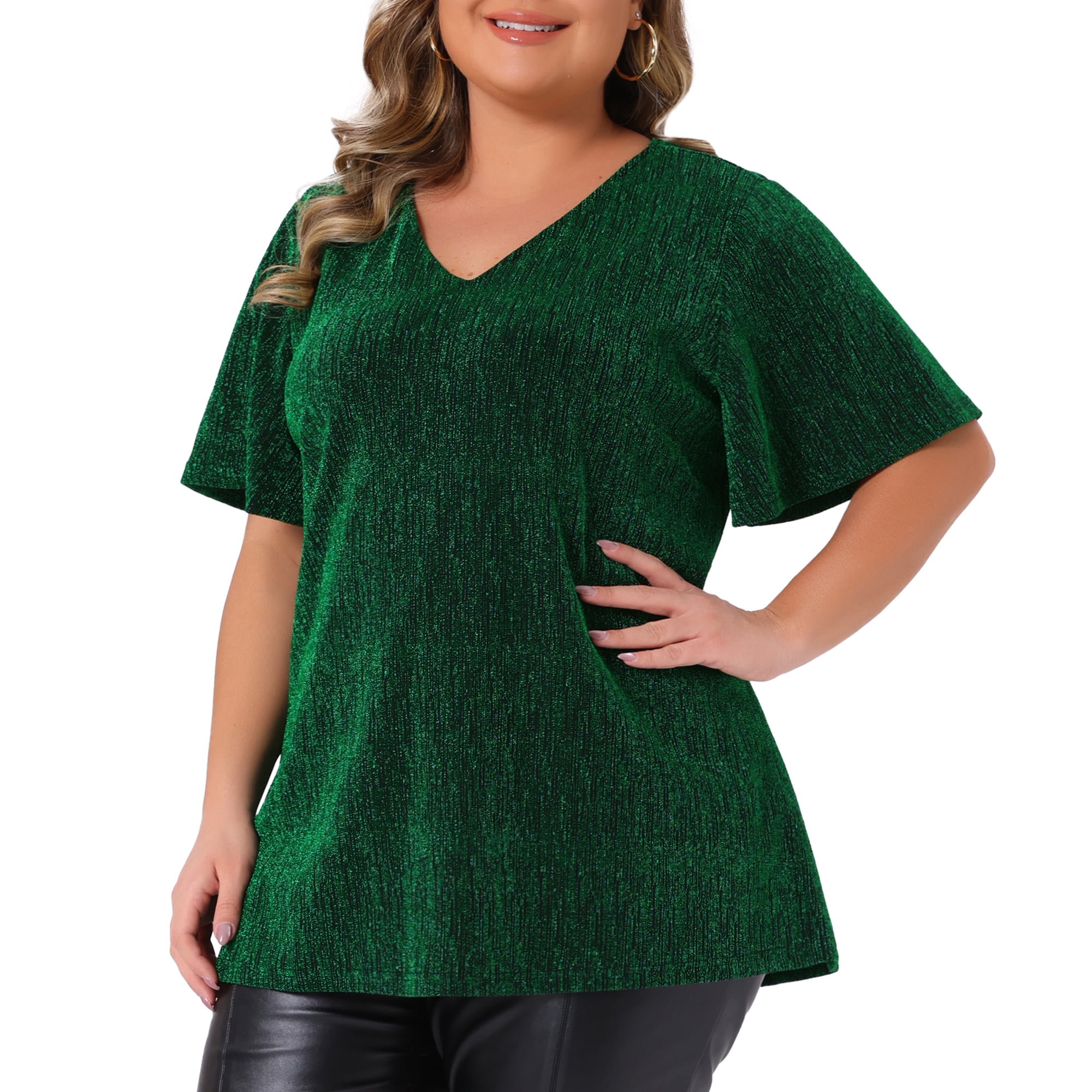 Women's Plus Metallic Tops V Neck Short Sleeve T-Shirt Party Top Glitter Blouses 3X Green