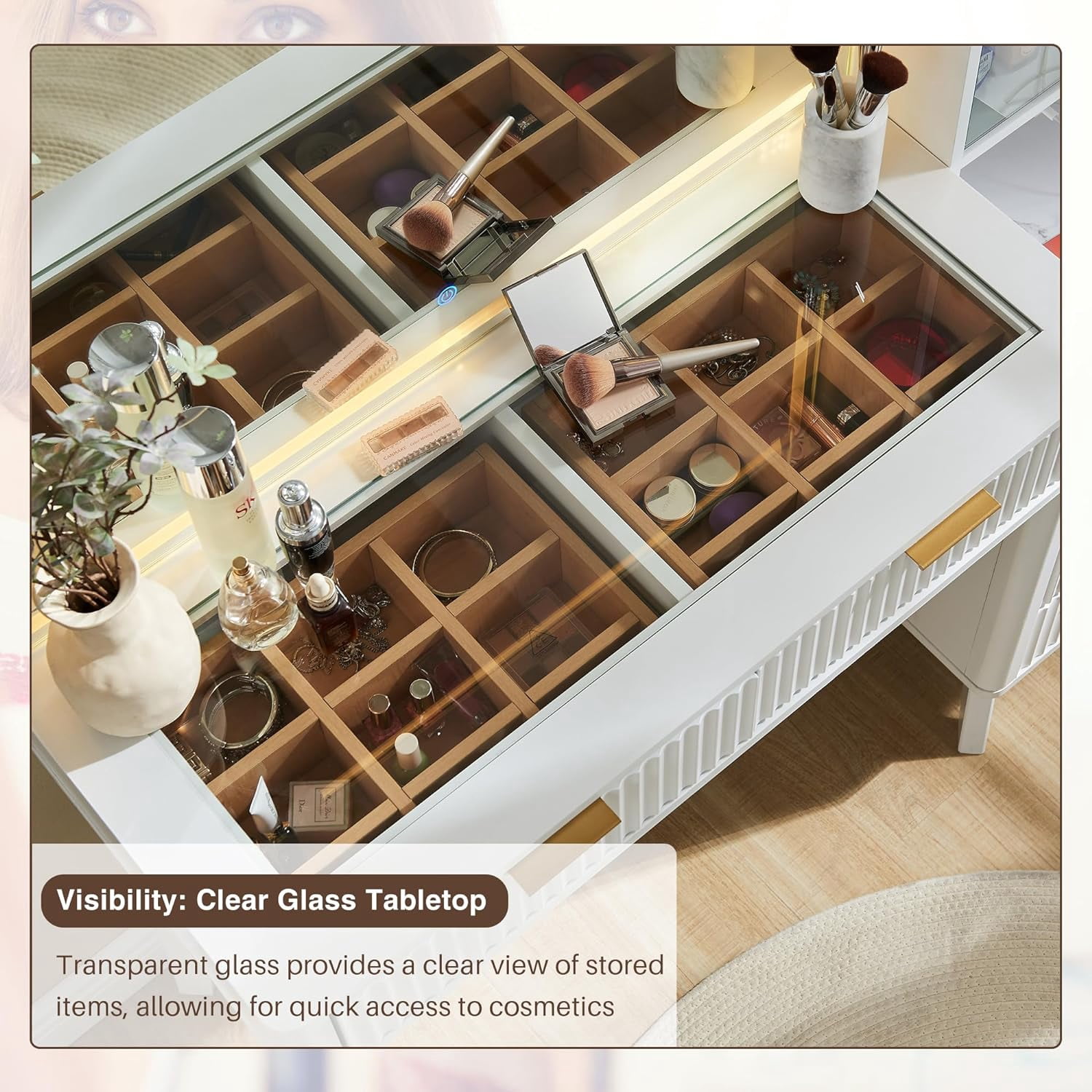 OKD Vanity Table with Mirror and Lights ,Modern Dressing Table 5 Drawers & Adjustable Shelves,Charging Station for Bedroom,White