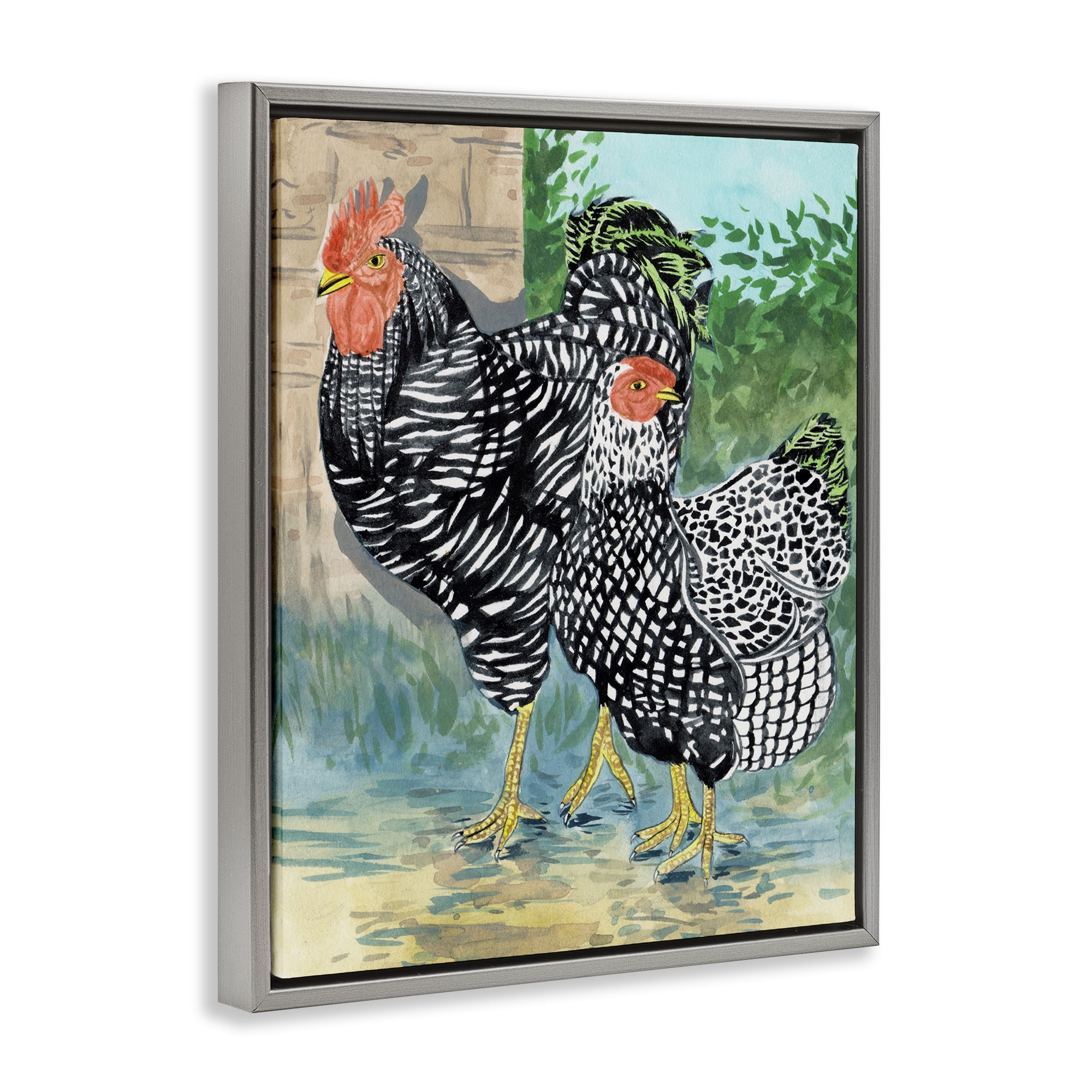 Stupell Industries Traditional Rooster Pair Animals Painting Gray Floater Framed Canvas Art Print Wall Art, 25 x 31