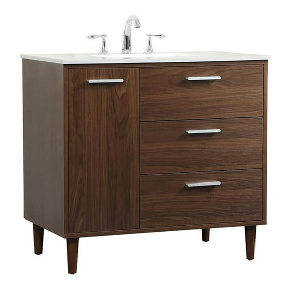 Elegant Decor Baldwin 36" Solid Wood and MDF Bathroom Vanity in Walnut