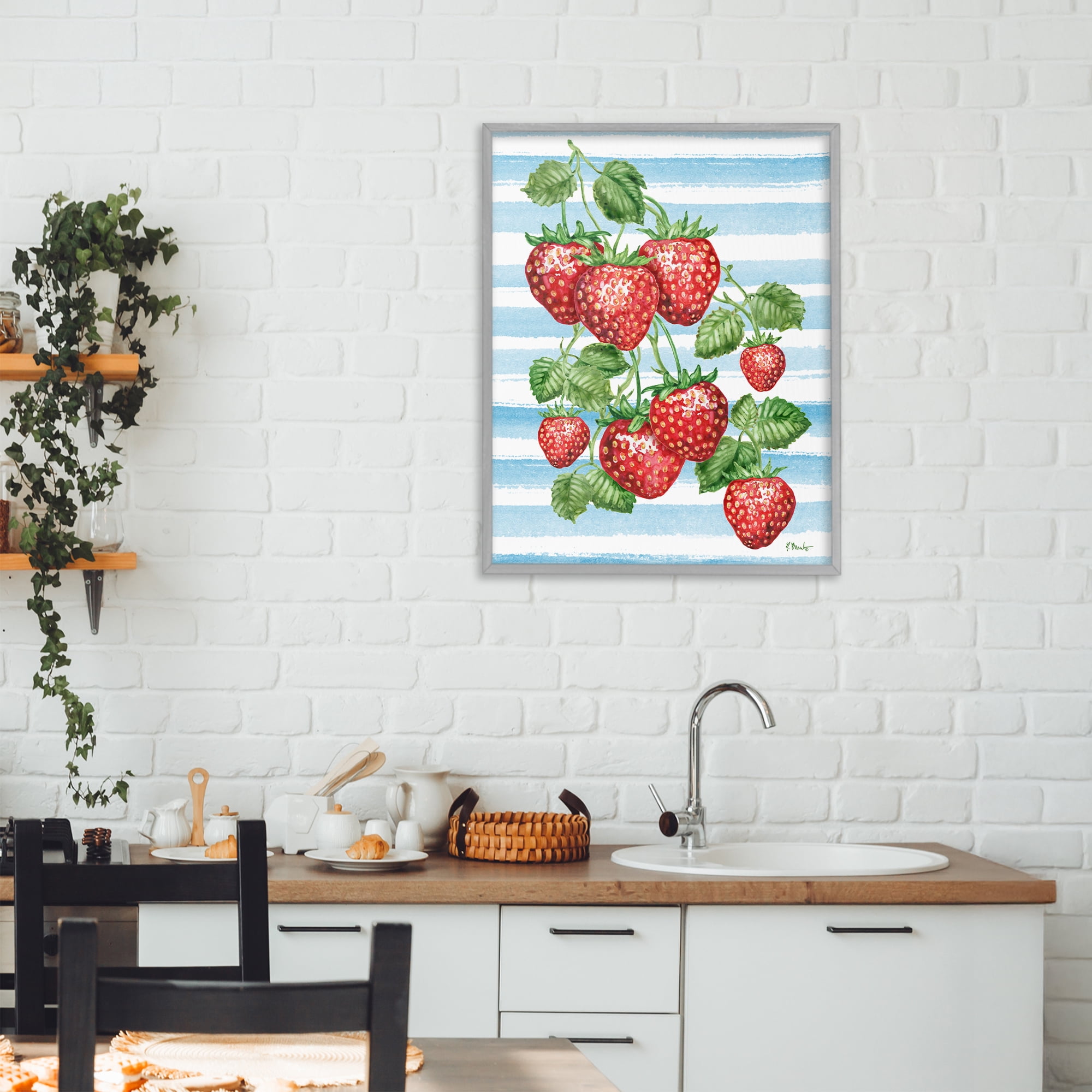 Stupell Industries Juicy Strawberry Vine on Stripes Gray Framed Giclee Art, design by Paul Brent