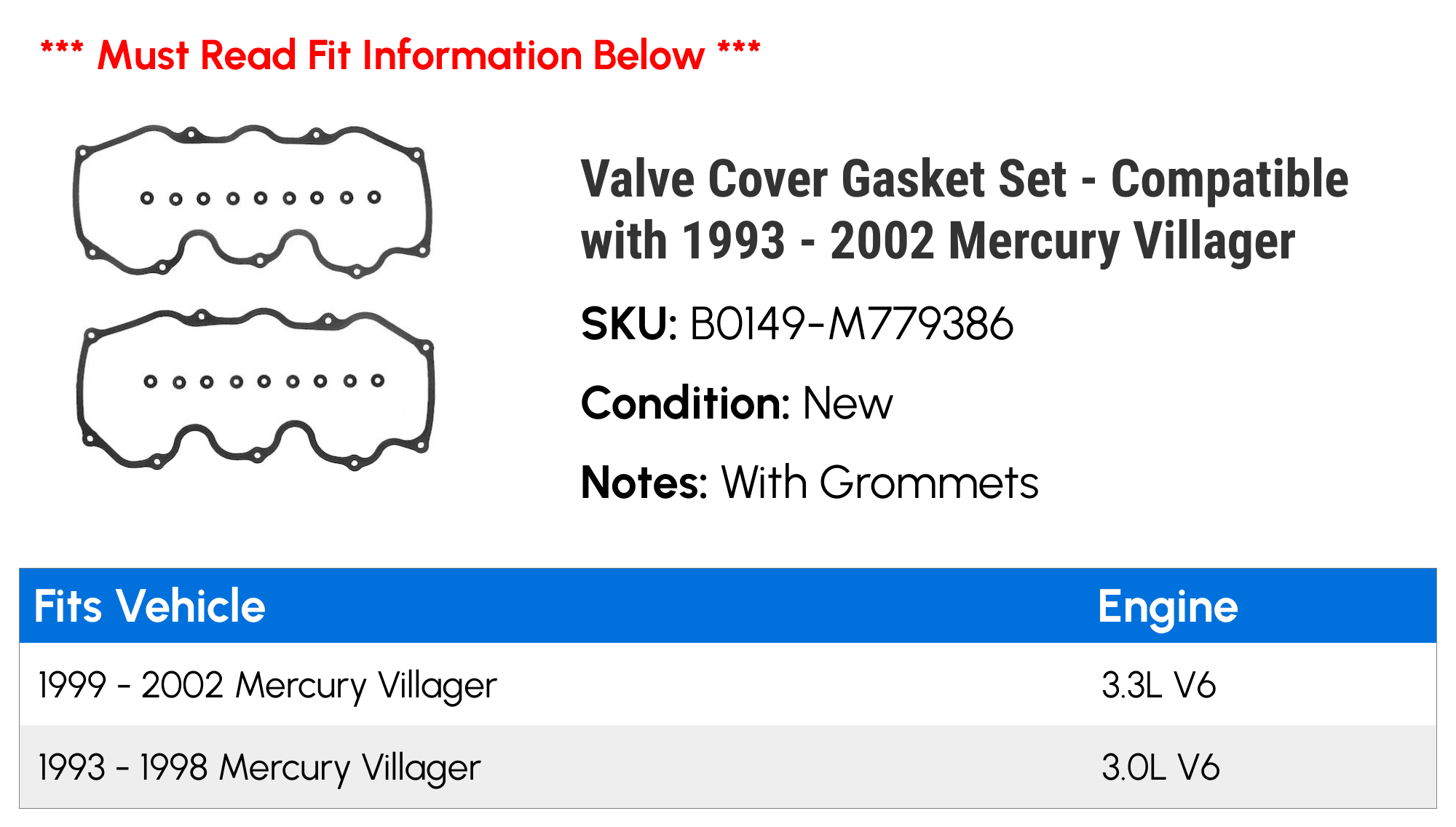 Valve Cover Gasket Set - Compatible with 1993 - 2002 Mercury Villager 1994 1995 1996 1997 1998 1999 2000 2001