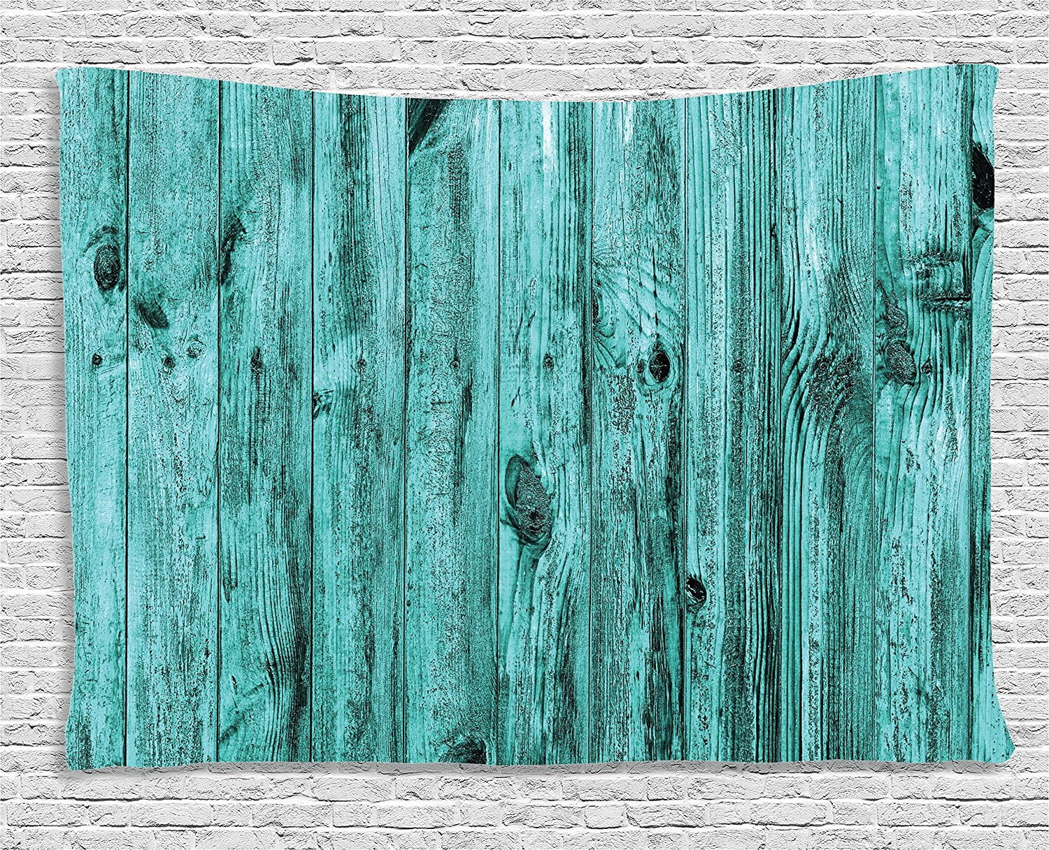 Turquoise Tapestry Art Decor by , Blue Rustic Wooden Texture Background
