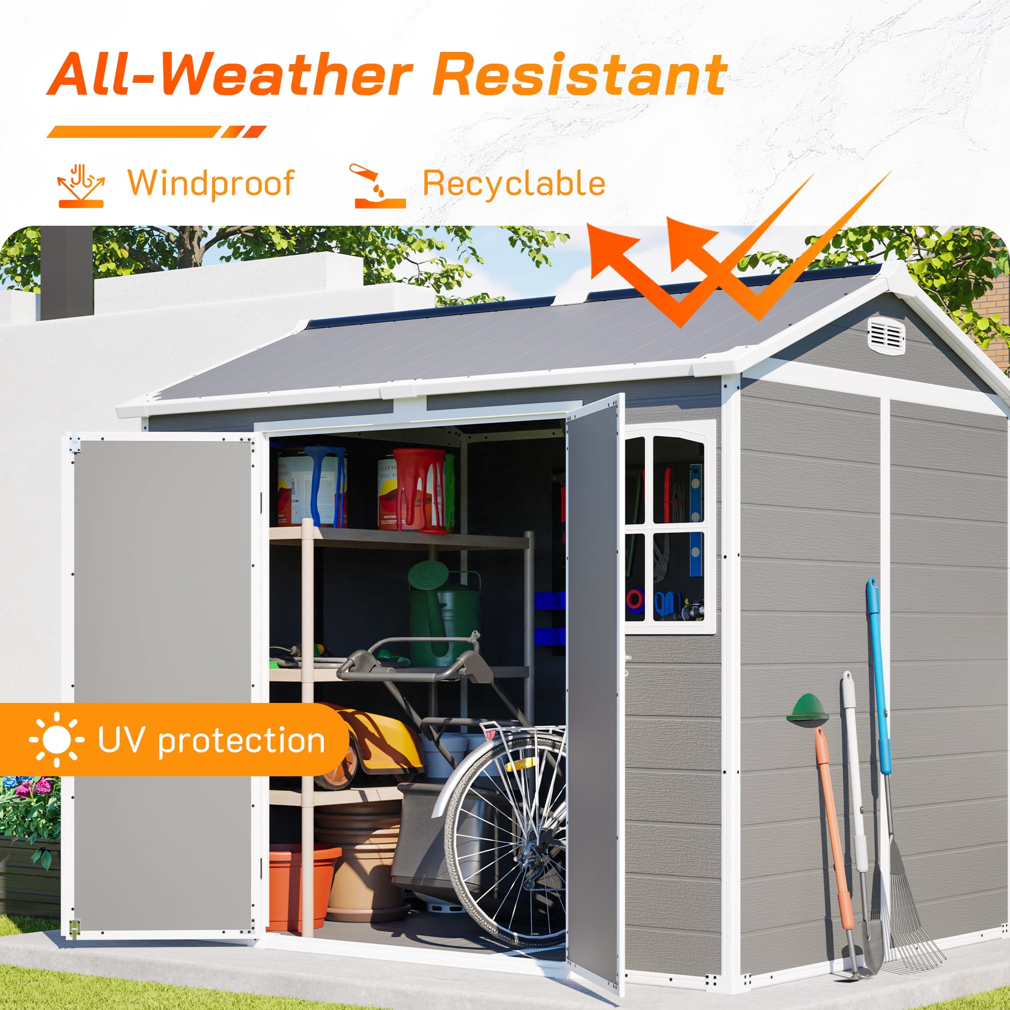 LZBEITEM 8' x 6' Outdoor Resin Shed  with Floor, Garden Plastic Storage Shed Durable, Heavy Duty Lockable Door & Window for Backyard