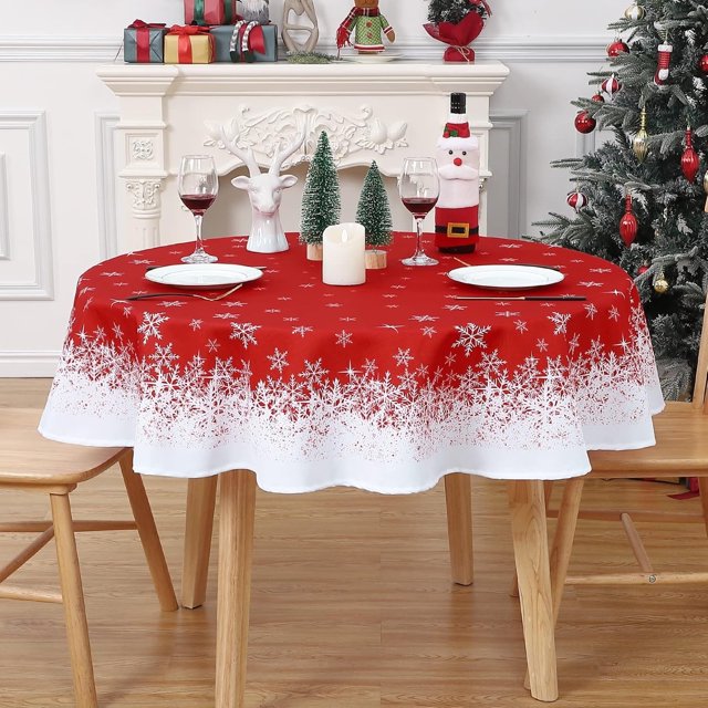 Nappe de Noël Flocon de Neige Ronde - Nappe de Noël Imperméable et Lavable Couverture Décorative de Table pour Fête Extérieure, Intérieure Cuisine Salle à Manger, 60 Pouces, 160GSM