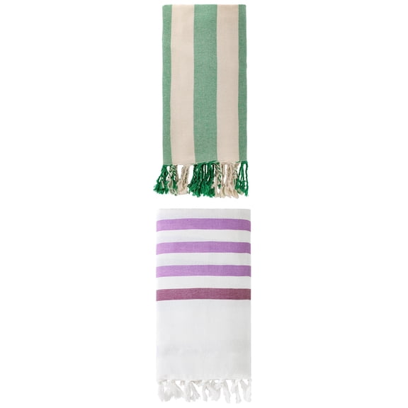 Unique Bargains 2 Pack Woven Turkish Striped Pattern Tassel Towels Purple/Green 71"x40"