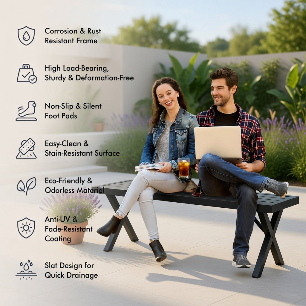 Hommoo Heavy-Duty Metal Patio Bench with Slatted Seat & X-Frame Design, 54" Outdoor Bench for Backyard, Garden, Entryway, Black