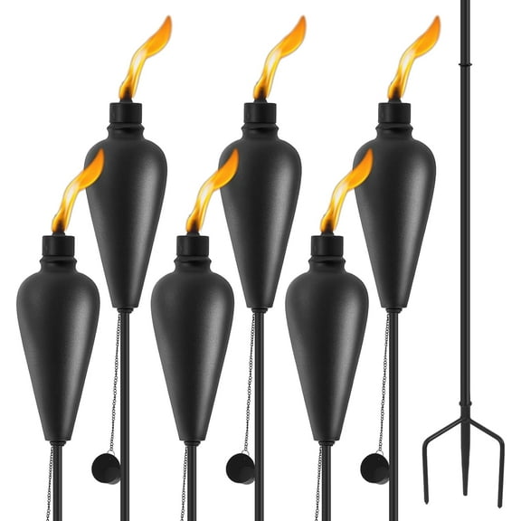 6 Pack Citronella Torches Outdoor, Metal Tiki Torches for Outside, 59.5 Inch Upgraded Garden Torch with 3-Prong Grounded Stake, Patio Pathway Party Decorative Outdoor Light Torches, (Black)$$