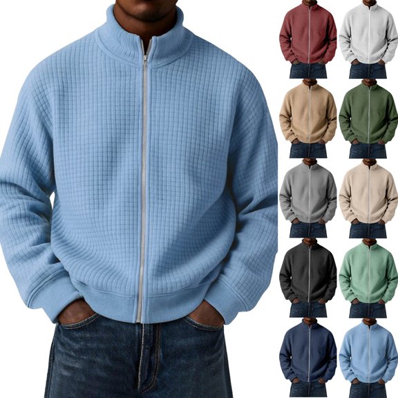 Fmbrln Mens Solid Color Sweatshirt Zip Up Stand Collar Knit Jacket Fall Winter Long Sleeve Fashion Tops Navy 4XL