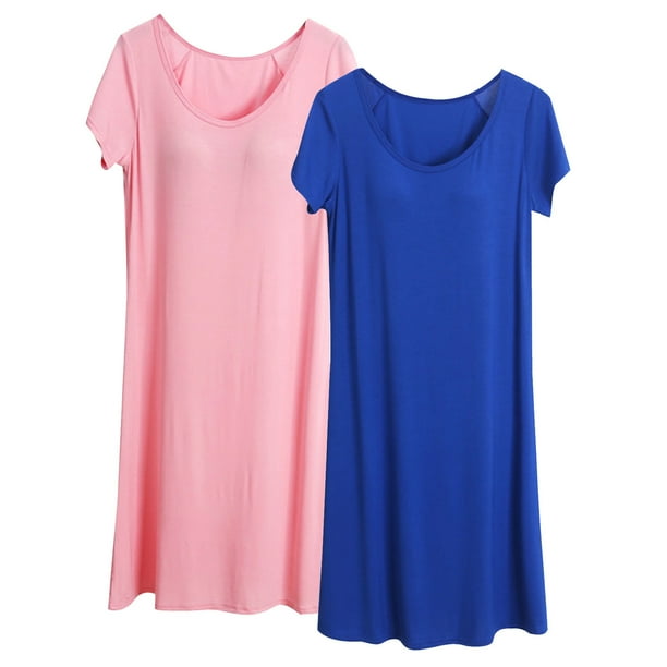 Camisón largo de 2 piezas para mujer, color liso, largo medio, manga corta, con copas acolchadas, para el hogar, modal