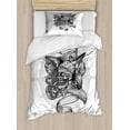 thumbnail image 1 of Skull Smoking Duvet Cover Set Twin Size, Engraved Style Skeleton Head and Humpback Whale Image on Steering Wheel, Decorative 2 Piece Bedding Set with 1 Pillow Sham, White Pale Taupe, by Ambesonne, 1 of 3