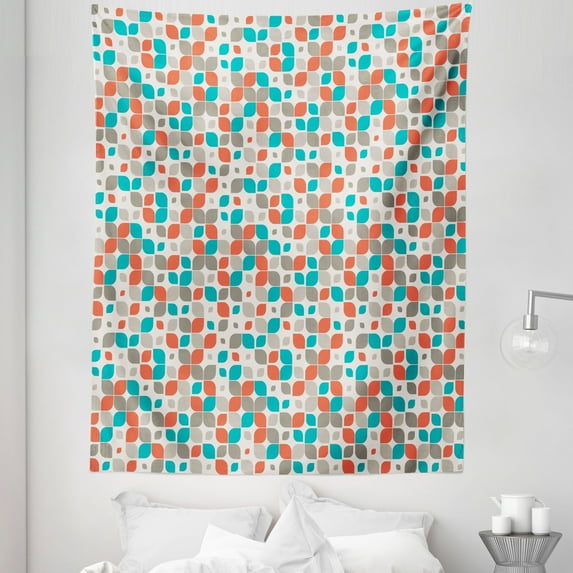 Retro Tapestry, Old Fashioned Style Abstract Mosaic Grid Inspired Floral Pattern Classical, Fabric Wall Hanging Decor for Bedroom Living Room Dorm, 5 Sizes, Grey Turquoise Red, by Ambesonne