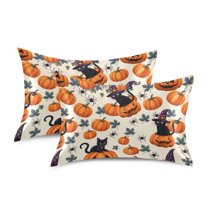 Yayeee Pillowcase Queen Size Set of 2 Satin Wrinkle Resistant Envelope Pillow Case, Beige Halloween Cat Pattern