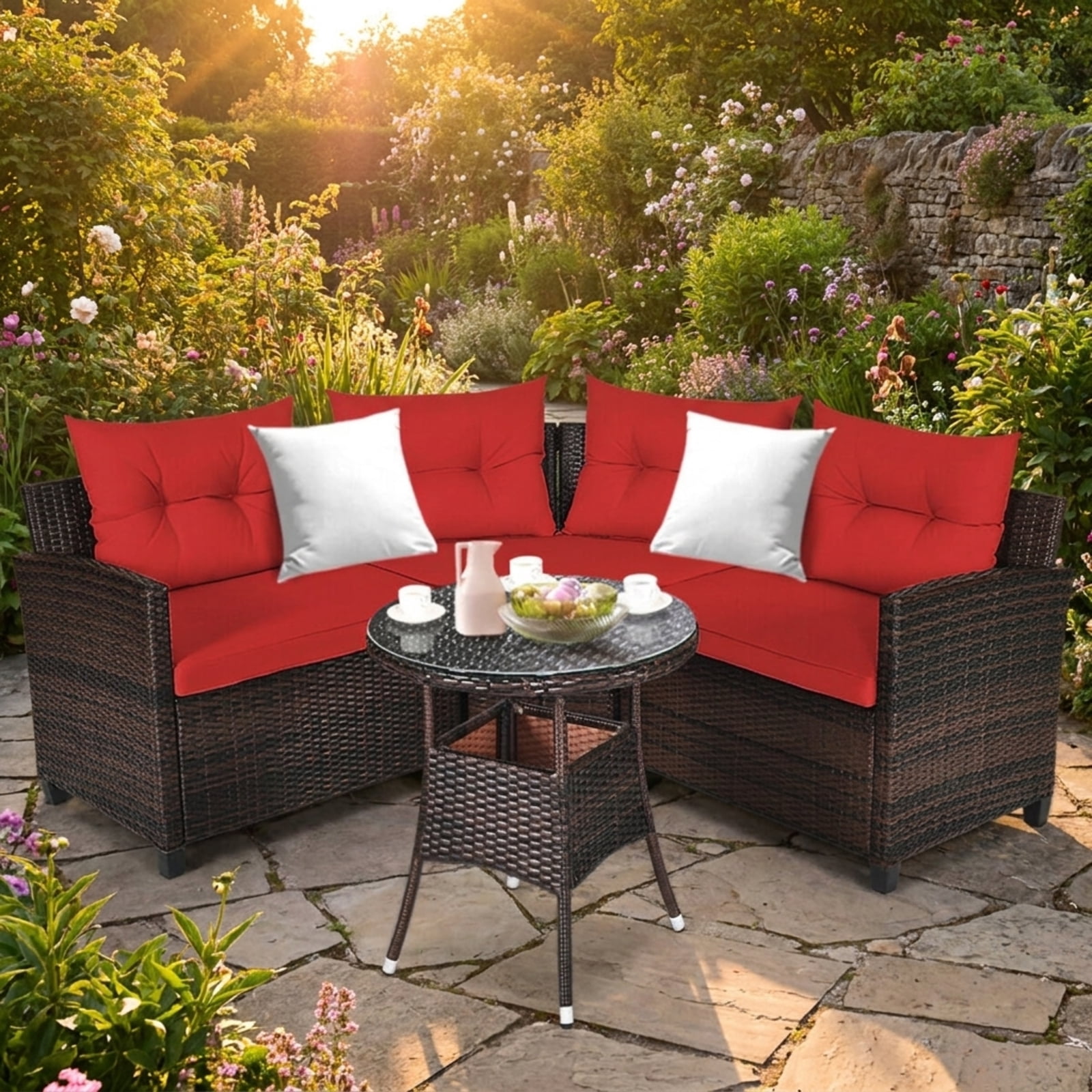Furnibear 4 Pieces Outdoor Cushioned Rattan Furniture Set Patio Conversation Set with Loveseat Two Armchairs and Table for Backyard, Red
