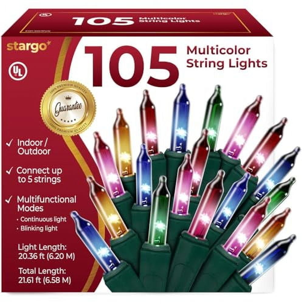 Stargo Warm Multi Color Christmas Tree Lights - 20 ft String of 105 Incandescent Mini Bulbs Multifunctional Lighting Modes, for Decorative, Bedroom, Outdoor, Xmas Twinkle Lights with Green Wire Total