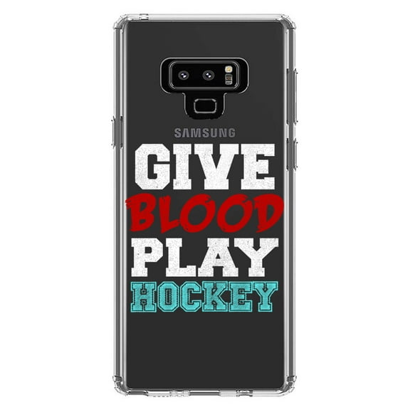 DistinctInk Clear Shockproof Hybrid Case for Samsung Galaxy Note 9 - TPU Bumper Acrylic Back Tempered Glass Screen Protector - Give Blood Play Hockey