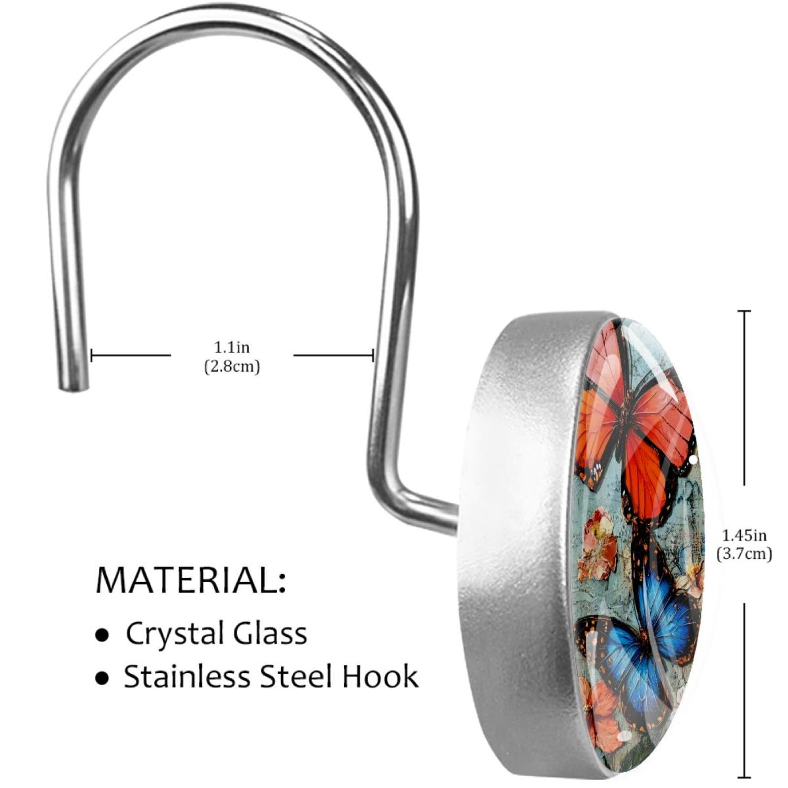 Butterfly Hibiscus Flowers Vintage Shower Curtain Hooks Round Crystal Glass, Set of 12 Shower Curtain Rings - Shower Hooks for Curtain Shower Rings