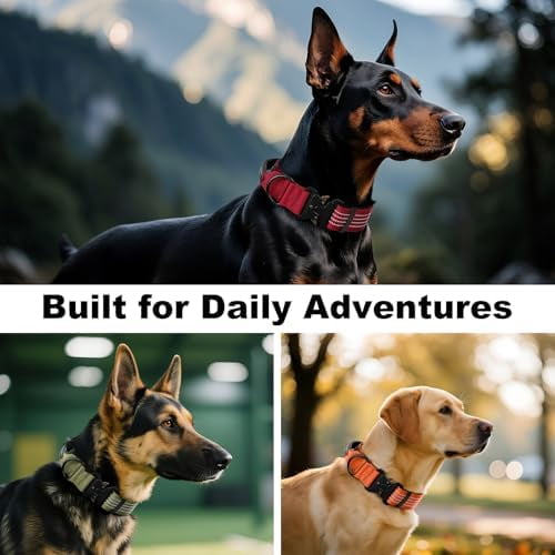 Tactical Dog Collar with Tracker Pocket for AirTag, Adjustable Reflective Nylon Collar, Metal Buckle, Leather-Wrapped Handle, Soft Padded for Medium Large Dogs (Burgundy Red, M)