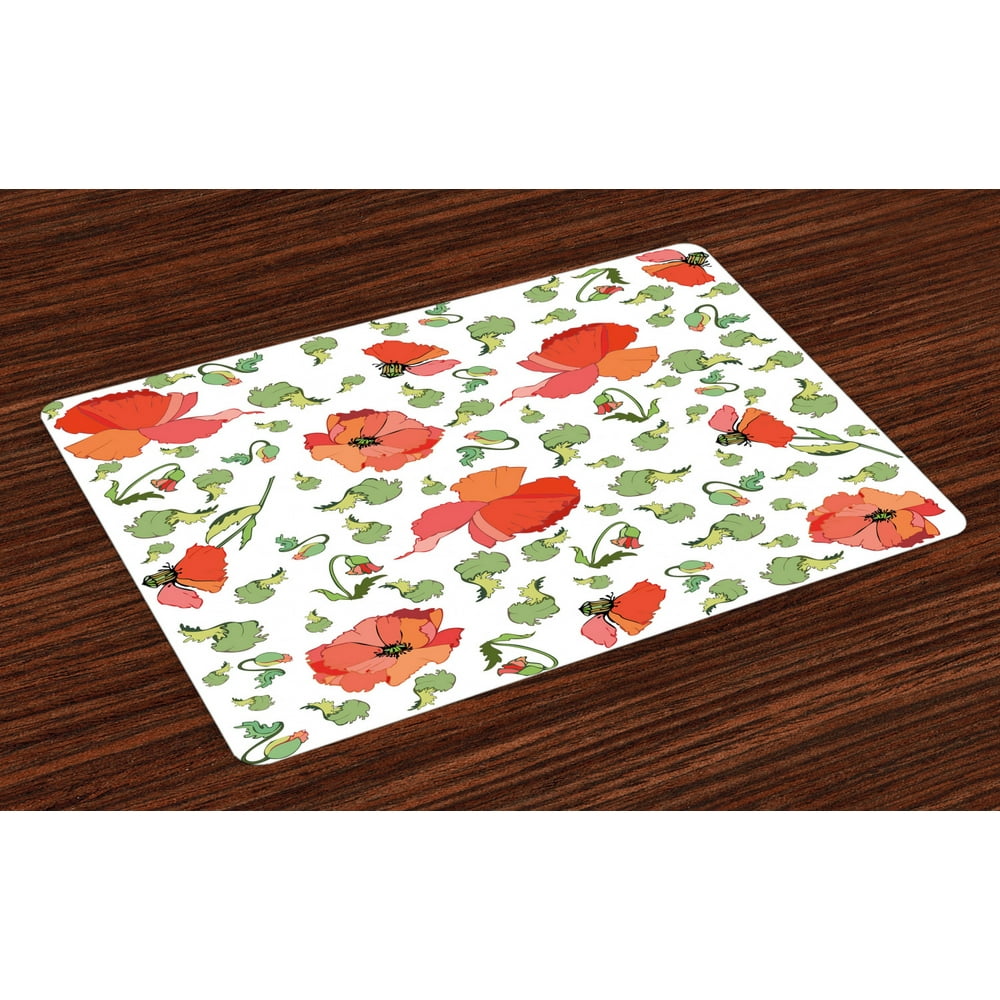 Poppy Placemats Set of 4 Buds Stems and Flower Heads Scattered Hand