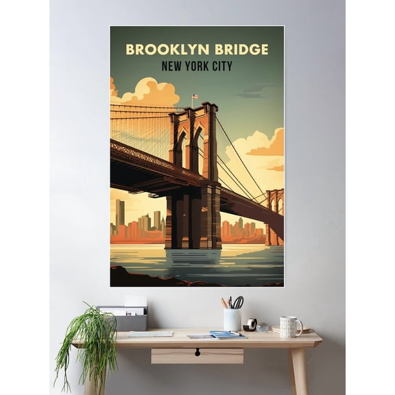 New York Usa Brooklyn Bridge Vintage Travel Poster Retro Ny Poster Wall Art, Modern Wall Decor For Living Room Bedroom, 24x36 UNFRAMED