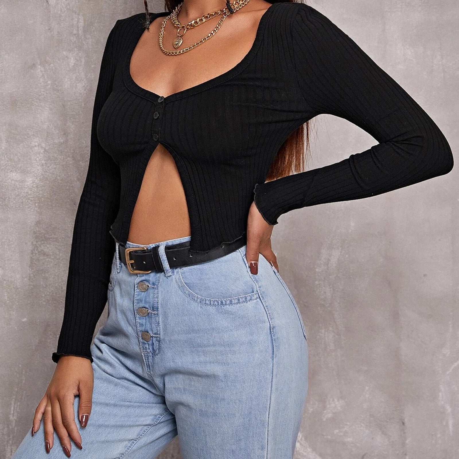 YYDGH Women's Button Front V Neck Long Sleeve Slit Hem Crop Top Solid Color  Ribbed Knit T-Shirt Black S