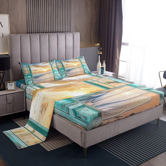 Erosebridal Sea Sunset Bed Sheets King,Ocean Theme Bedding King Size,Teenager Bedroom Decor,Super Cozy,4pcs
