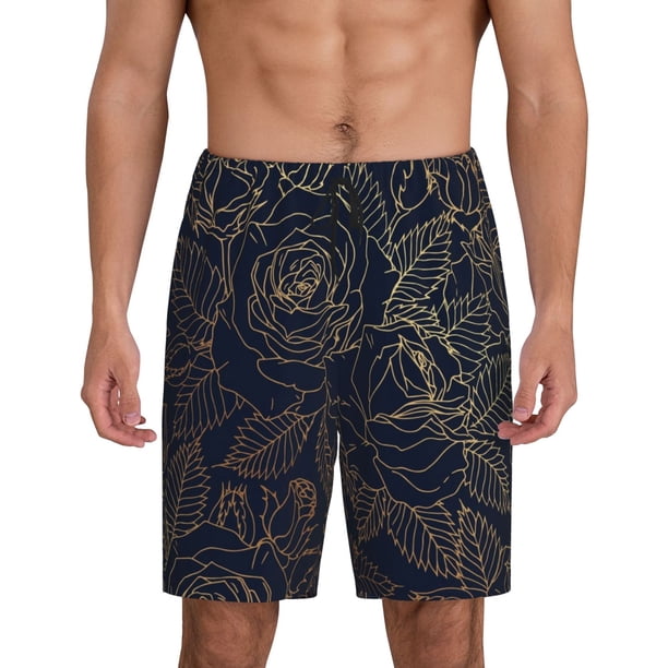 Balery Copper-Gold Gloss Outline Rose Pantalones cortos de pijama de punto de algodón para hombre con cinturilla y bolsillos-Small