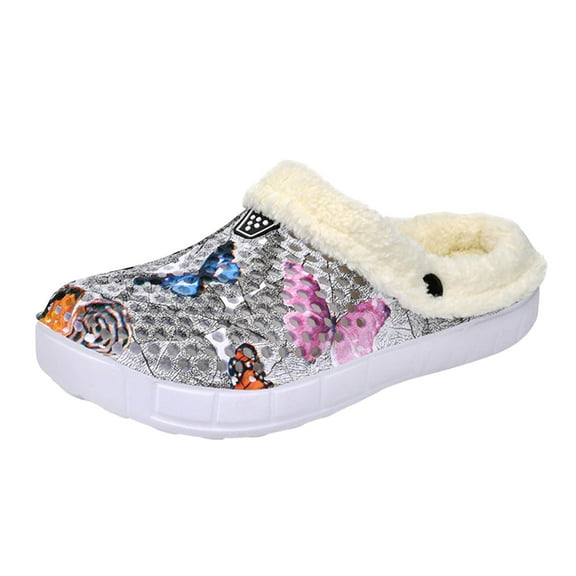 Womens Butterfly Garden Clogs Fuzzy Lined Winter Warm Lightweight Slip on Indoor Outdoor Slippers