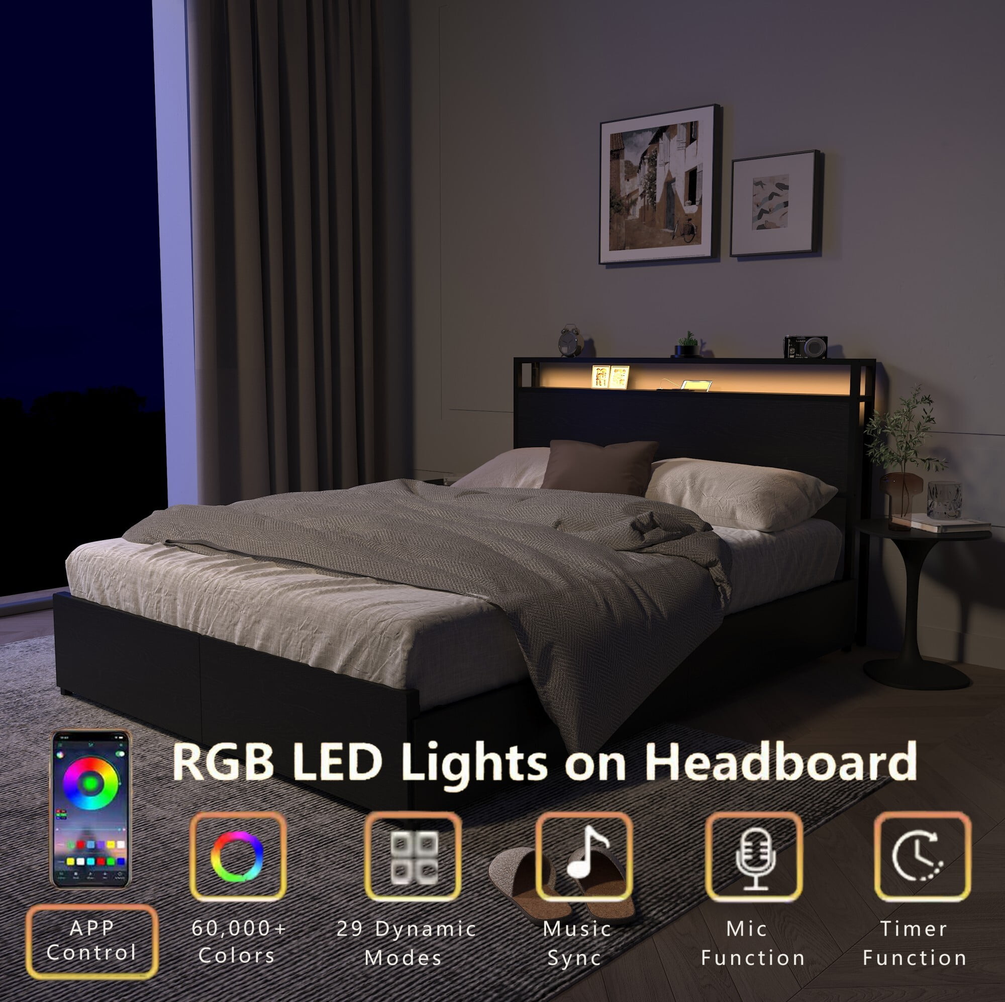 AENKYO Queen Size Bed Frame with LED Lights & 6 Drawers, Storage Headboard with Charging Station, Noise Free, Black