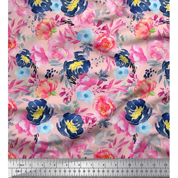 Soimoi Pink Cotton Duck Fabric Leaves & Pink Floral Watercolor Print Fabric by The Yard 42 Inch Wide