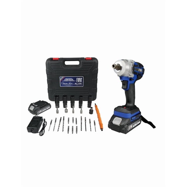 llave de impacto a batería contessa Kit de herramienta eléctrica: llave de impacto a batería Contessa con batería 20V montada y cabezal metálico; incluye 1 batería adicional 20V, cargador, maletín rígido negro, 8 brocas, 6 puntas de destornillador, 5 dados largos de 6 puntos, 4 dados punta Allen, extensión flexible y adaptador. Vista frontal, herramienta a la derecha y accesorios alineados delante del maletín; a menudo se usa en automoción y mantenimiento.