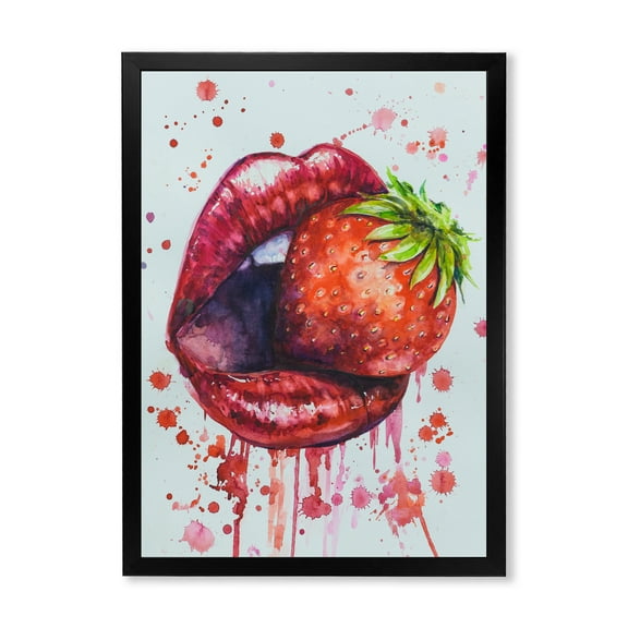 Designart 'Red Girl Lips Eating A Strawberry' Modern Framed Art Print