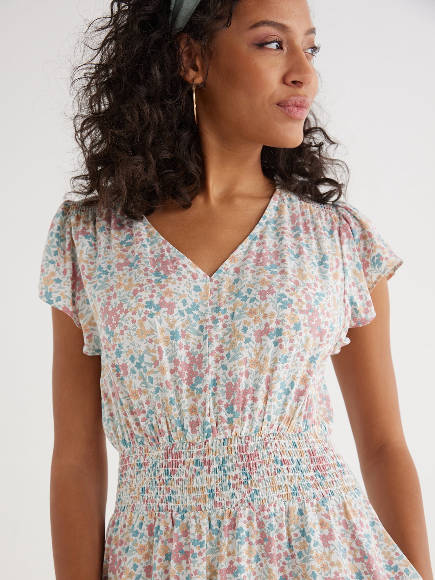 Time and Tru Women’s Smocked Waist Midi Dress with Short Sleeves, Sizes XS-XXXL