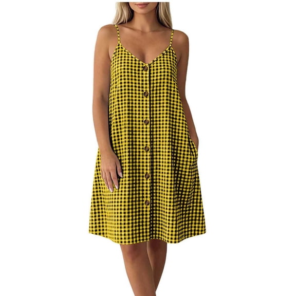 LIaqionyy Women's Summer Dresses Spaghetti Strap Button Front Plaid Loose Beach Vacation Sleeveless Dress