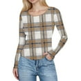thumbnail image 2 of Tops for Women Long Sleeved Plaid Casual Round Neck Printing Fitting Pit Stripe Blouse Khaki XL, 2 of 6