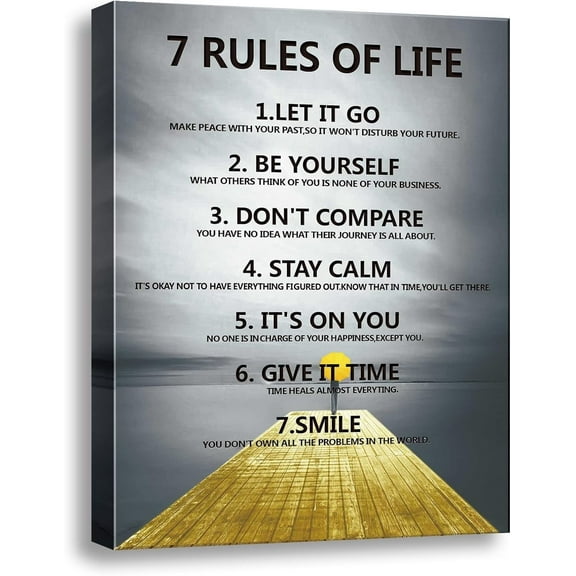 7 Rules of Life Motivational Poster Printed on Canvas Wall Decor for Living Room inspirational wall art Size11.5 x 15 Inch -motivational For Bedroom or Home Framed Positive Art Office Decoration Ready