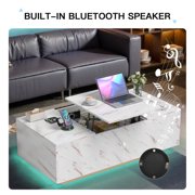 PARKWELL LED Lift Top Coffee Table for Living Room,High Glossy Center Table with Hidden Compartment, LED Lights and Bluetooth Speaker,White Cocktail Table with Storage Drawers and Shelves
