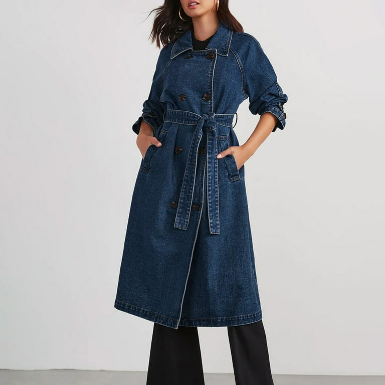 TKLPEHG Denim Trench Coats for Women Casual Double Breasted