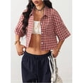 thumbnail image 3 of Womens Cropped Plaid Shirt Short Sleeve Vintage Preppy Clothes (Red S), 3 of 7