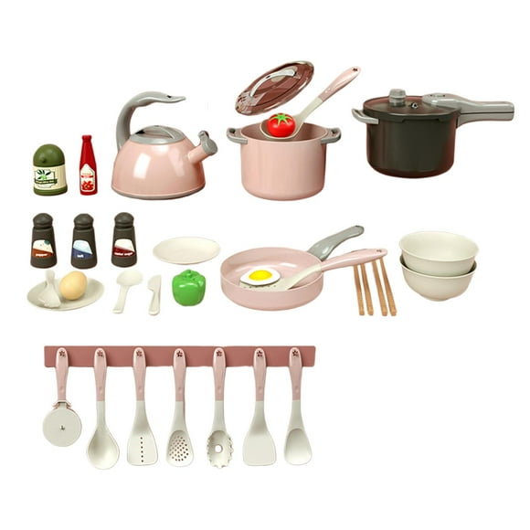 Juego de simulación de ollas y sartenes para niños: juego de rol de electrodomésticos de cocina 32 piezas rosa