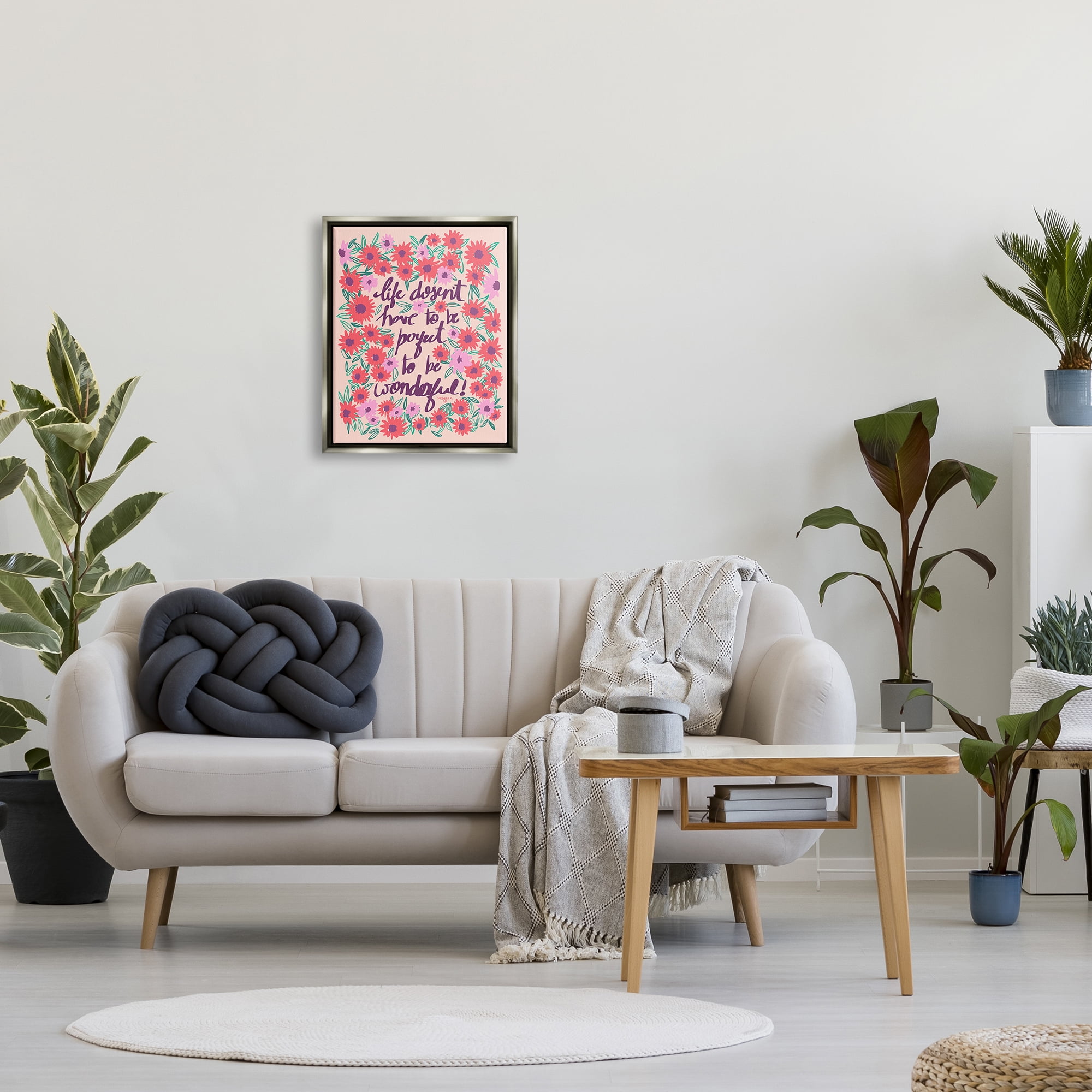 Stupell Industries Uplifting Floral Phrase Botanical & Floral Painting Gray Floater Framed Canvas Art Print Wall Art, 17 x 21