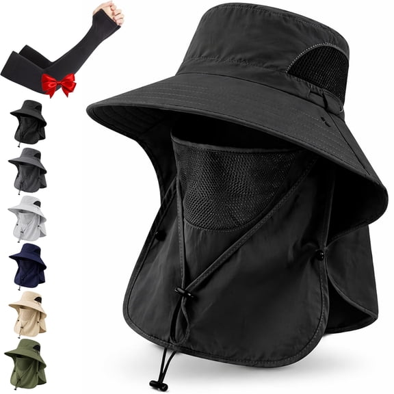 UV Protection Outdoor Fisherman's Hat with Detachable Mesh Face Mask Wide Brim Neck Flap Sun Fishing Hat Mens Women