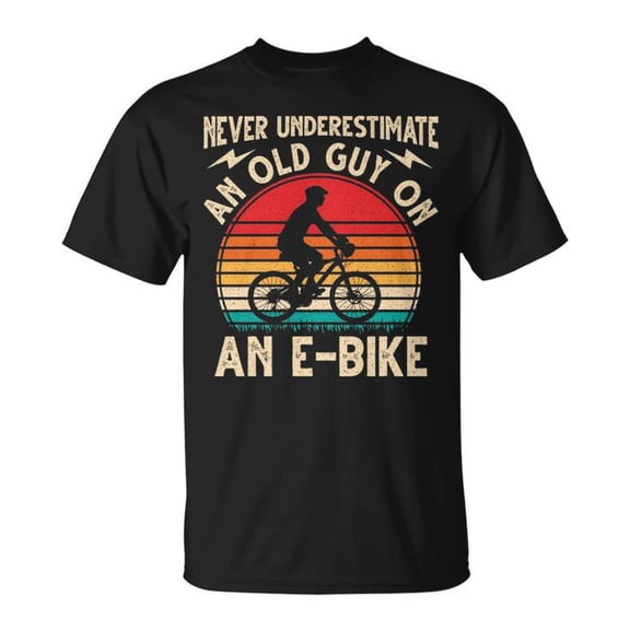 Never Underestimate an Old Guy Tee – Unisex Adult Cotton T-Shirt with E-Bike Graphic, Casual Biking Shirt for Cycling Enthusiasts, Size L, Color Black
