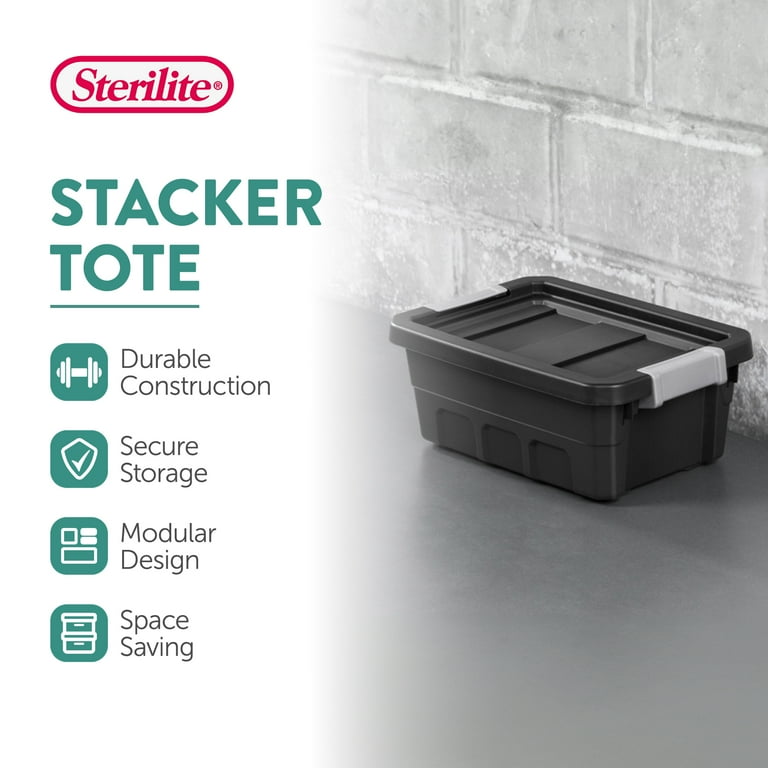 Sterilite, Storage Tote, 4 Gal, Black with Latch Clip Lids, 6 Pack