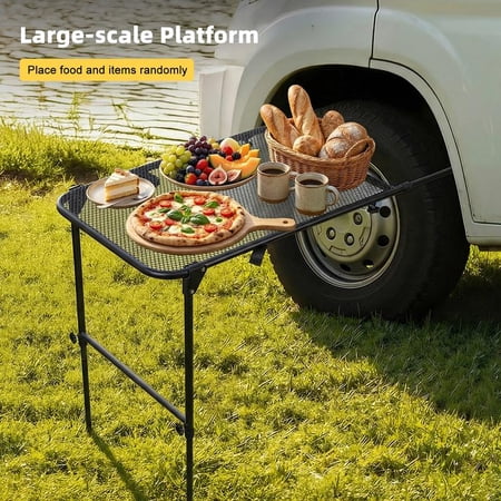 Tire Mount Folding Table Portable Camping Table Carbon Steel 30kg Tool-Free Setup Adjustable Height Metal Mesh Weather Resistant Rustproof Double Angle Support Retractable Legs for Tailgating Camping