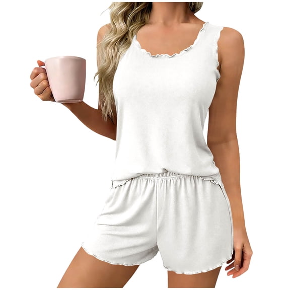 biudgviw Womens Pajama Sets 2 Piece Ruffle Hem Sleeveless Sleepwear Summer Crewneck Tank Top with Elastic Waist Shorts Pjs Set