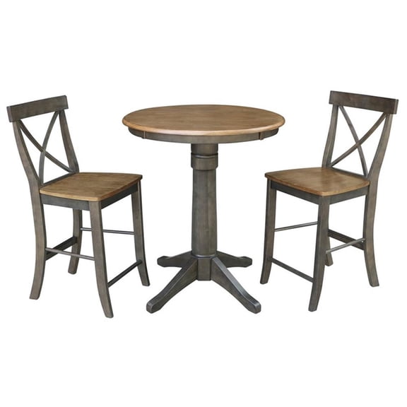 30" Round Wood Counter Height Table With 2 X-back Stools in Hickory/Washed Coal