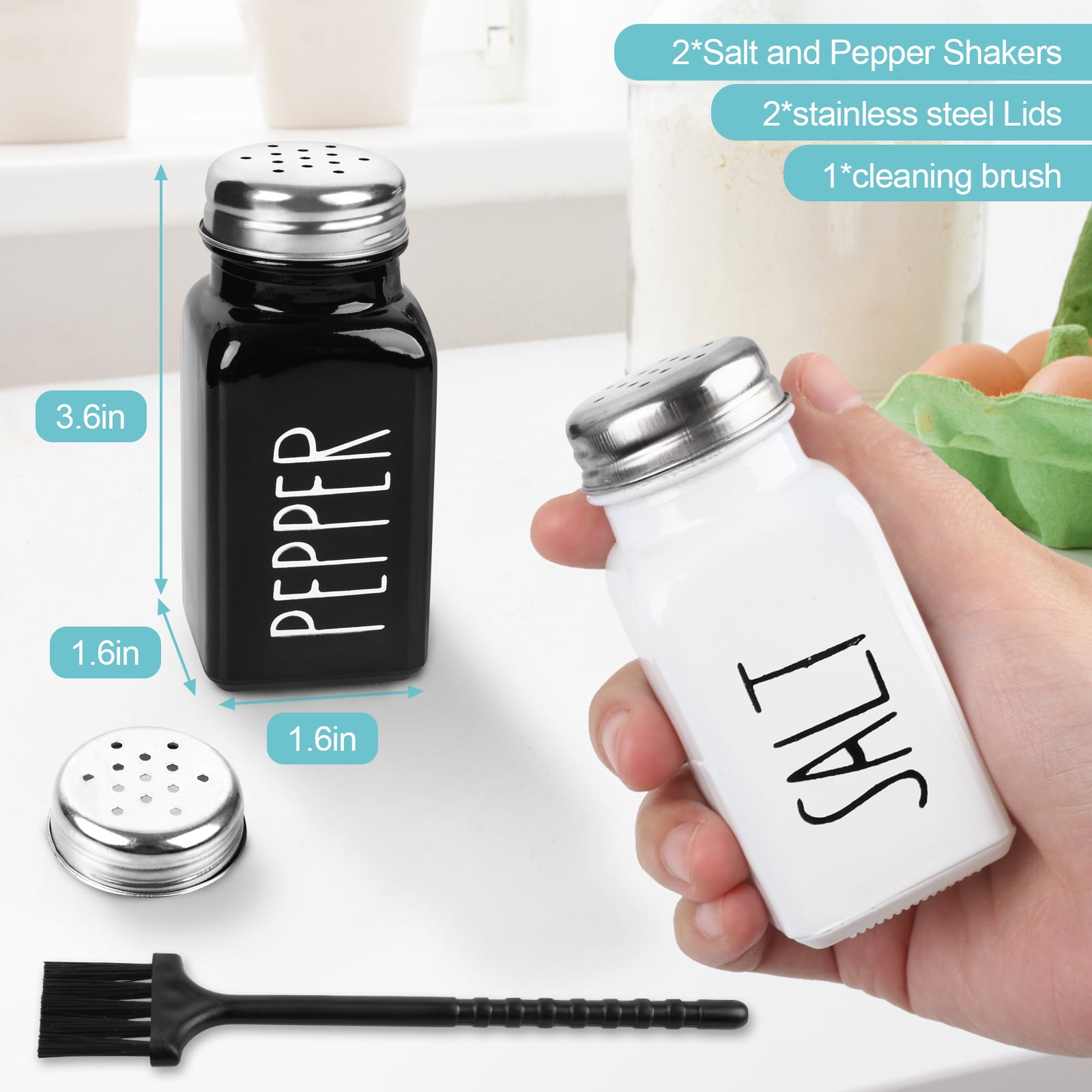PECULA 2 Pack Salt and Pepper Shakers Set, Glass Salt Shaker with Stainless Steel Lid, Modern and Cute Farmhouse Salt and Pepper Set (Black and White)