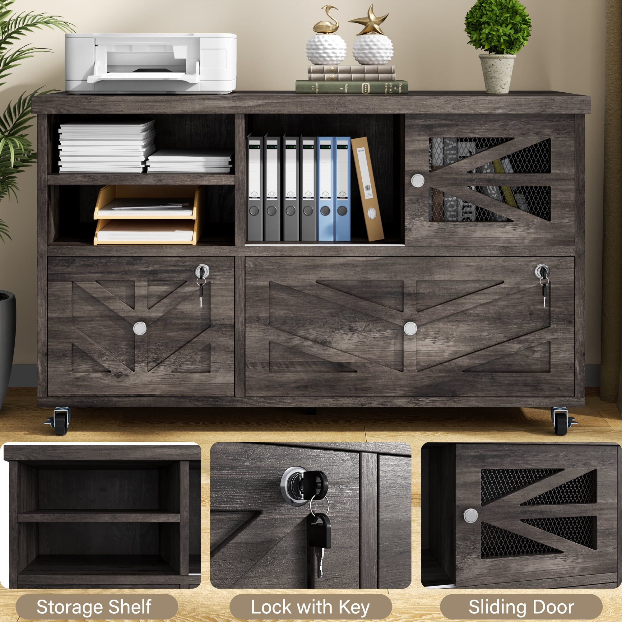 File Cabinet with 2 Lockable Drawers, ETASE Farmhouse Filing Cabinet with Sliding Door and Storage Shelf, Print Stand for A4/Letter, Storage Cabinet for Home Office, Gray